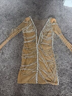 Embellished Tan Mesh Long-Sleeve Bodycon Dress